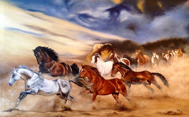 horse herd, stampede, running horses, desert horses, western art