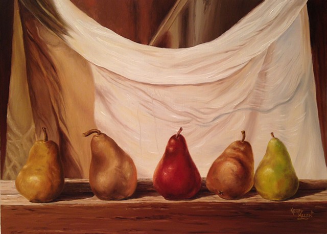 Pear still life, pears on windowsill, ripe pears, fruit still life