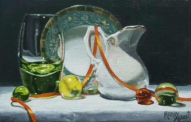 still life, realism, marbles, pitcher, small paintings