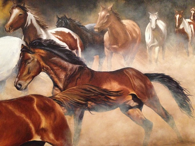 horse herd, stampede, running horses, desert horses, western art
