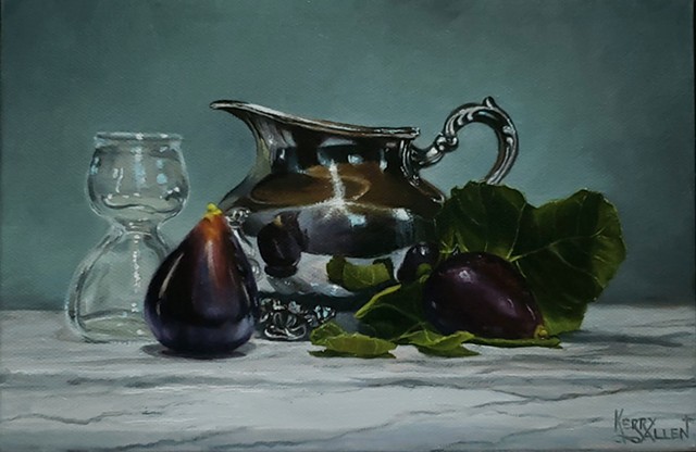 still life, fruit, silver pitcher, realism, small paintings