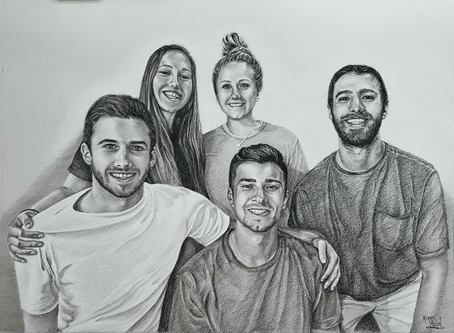 group portrait, multi portrait, charcoal portrait, family portrait, commissioned portrait
