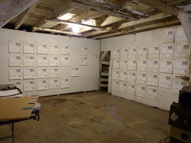 This Disposable Day Desk Calendar (January and February), Installation View at Luther Barn at the Wassaic Project Residency, Wassaic, NY, November 2014