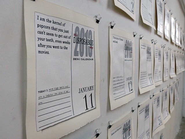 This Disposable Day Desk Calendar (January) studio installation view at Fountainhead Studios, Miami, FL