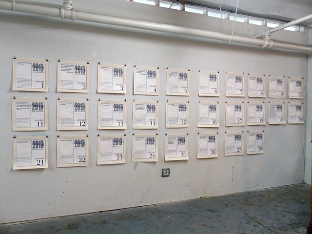 This Disposable Day Desk Calendar (January) studio installation view at Fountainhead Studios, Miami, FL