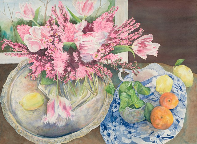 Blue & white china and spring arrangement with fruit