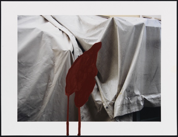 Untitled (market tarps with dark red shape)