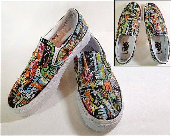 Custom painted Vans (but they could be Converse!) by Eileen Murray Art, abstract expressionist bright colors and black