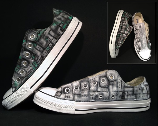 Custom painted black and white bone structure Converse low-tops by Eileen Murray Art size 7