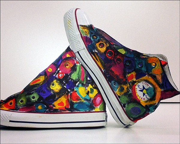 Painted custom shoes in bright colors - art by Eileen Murray