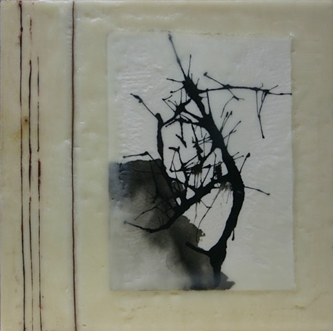 landscape, encaustic, paper, acrylic ink, oil stick, copper wire