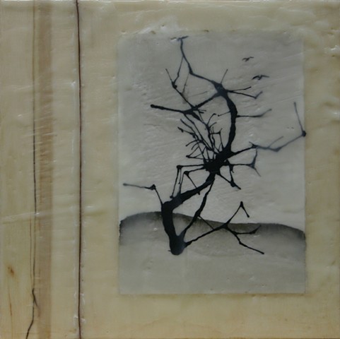 landscape, encaustic, paper, acrylic ink, oil stick, copper wire