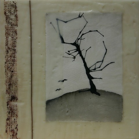 landscape, encaustic, paper, acrylic ink, oil stick, copper wire