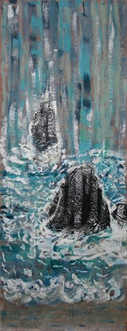 Encaustic waterfall with Rocks formed of tar on clear drafting film