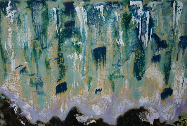 Waterfall painted with turquoise shades falling to lavender foam on rocks at the base.