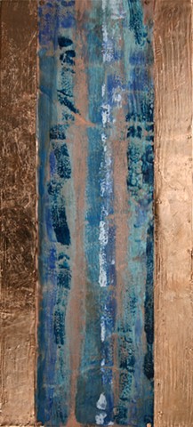 Encaustic waterfall on copper applied to birch cradle surrounded copper leaf.  
