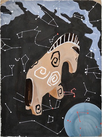 a carved horse decorated with spirals on a star chart