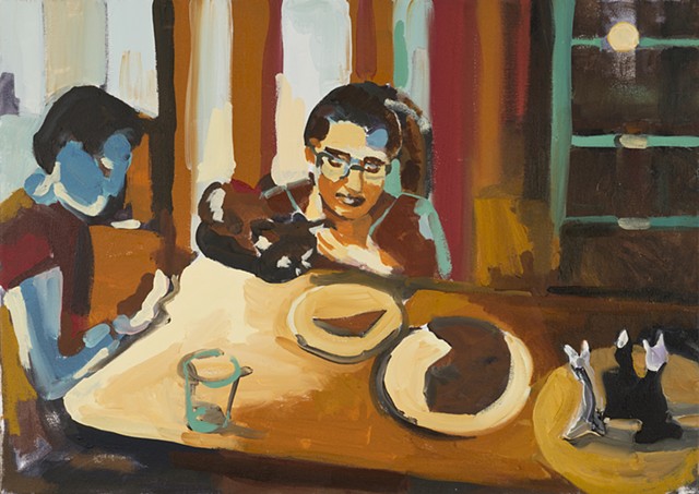 painting, 2 figures at a table, one with a cat, one with a phone