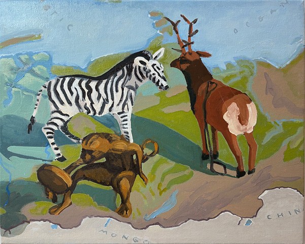 Still life, map of Russia, zebra, reindeer and monkey
