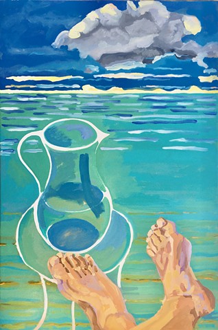 painting of feet resting in front of a water pitcher, the sea and clouds