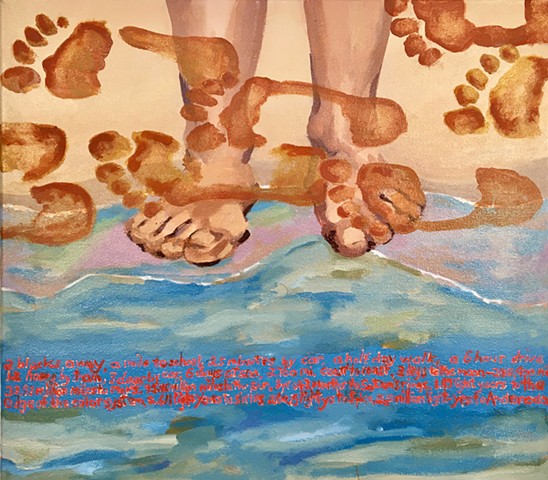 painting of feet at the waters edge with words about time and distance