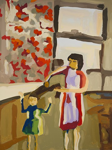 painting, woman brushing young girl's hair, her hands raised