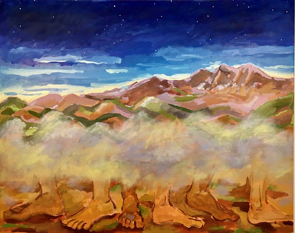 painting of mountains with dawning sky and walking fee in the mist