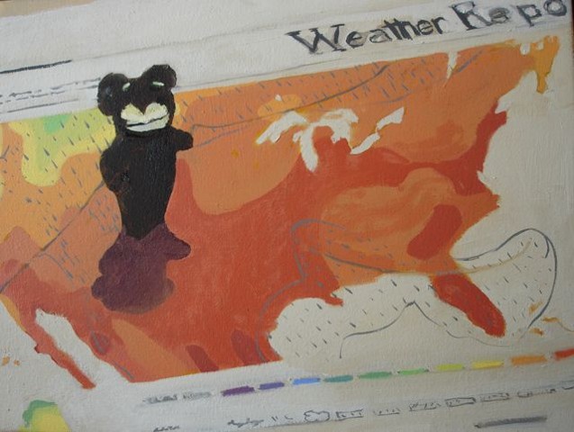 OIl painting of a finger puppet on a weather map