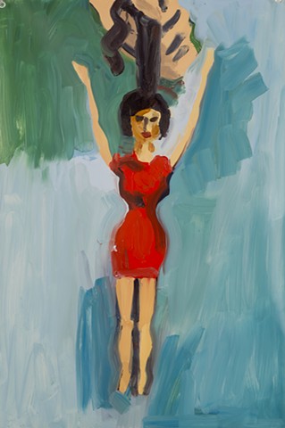 painting, Tressy doll in red dress held by the hair