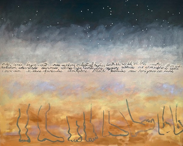 painting of a night sky, misty landscape, outlines of fee and words about the atmosphere