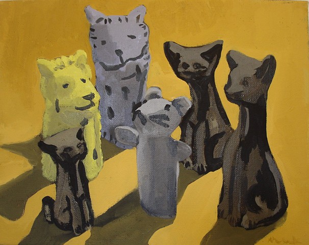 Oil painting of a mouse among cats