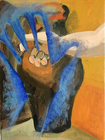 an outline of a hand over a copy of a Picasso Hand (Women at the Well)