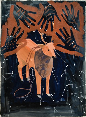 Image of a deer over a star map with hand stencils like prehistoric imagery