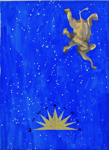 a falling elephant in a field of blue with dots of light, a compass rose at the bottom