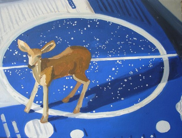 Oil painting of a toy deer on a star map.