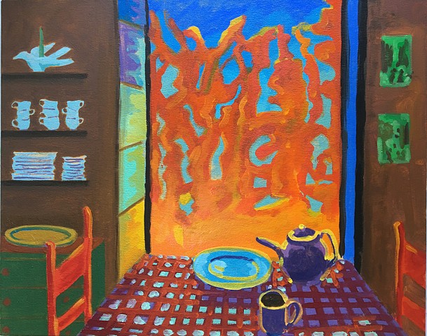 painting of a table in front of a window at sunset