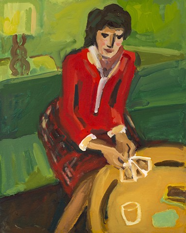 painting, woman in red with a hand of cards after Degas