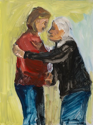 painting of two women greeting each other