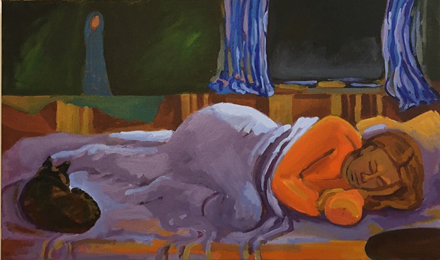 painting of a woman sleeping in winter, cat on the bed