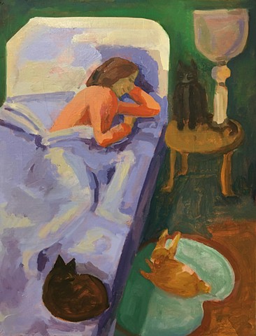 painting of a girl asleep with pets and stuffed animals