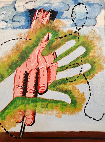 a copy of the Guston Hand drawing painted over and stencilled with a hand