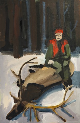 painting, woman hunter sitting on a dead buck