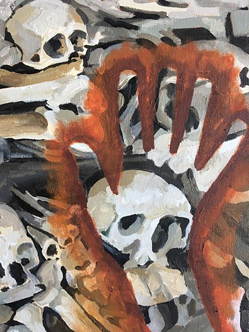 painting of a stencil of hand over a painting of bones