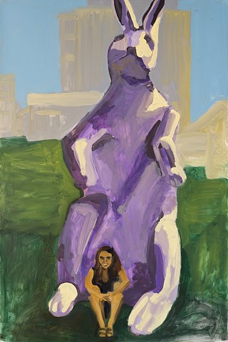 painting, large purple rabbit with girl sitting in front
