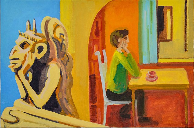 painting of a woman at a table with an exterior gargoyle on the balcony