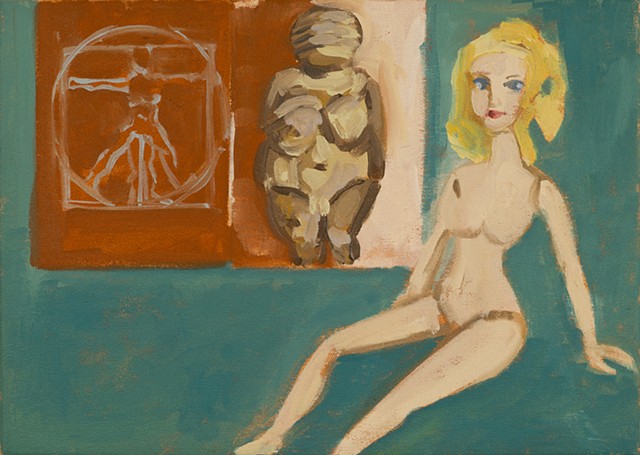 painting, Venus of Willendorf, Vitruvian Woman and a barbie