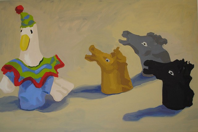 Oil Painting of finger puppets, goose clown and horseheads