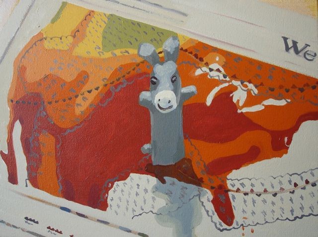 Oil painting of a finger puppet on a weather map