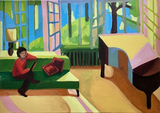 painting of a woman reading in a bright open room