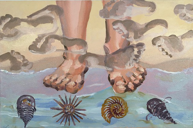 painting of feet at the waters edge with images of fossils and footprints